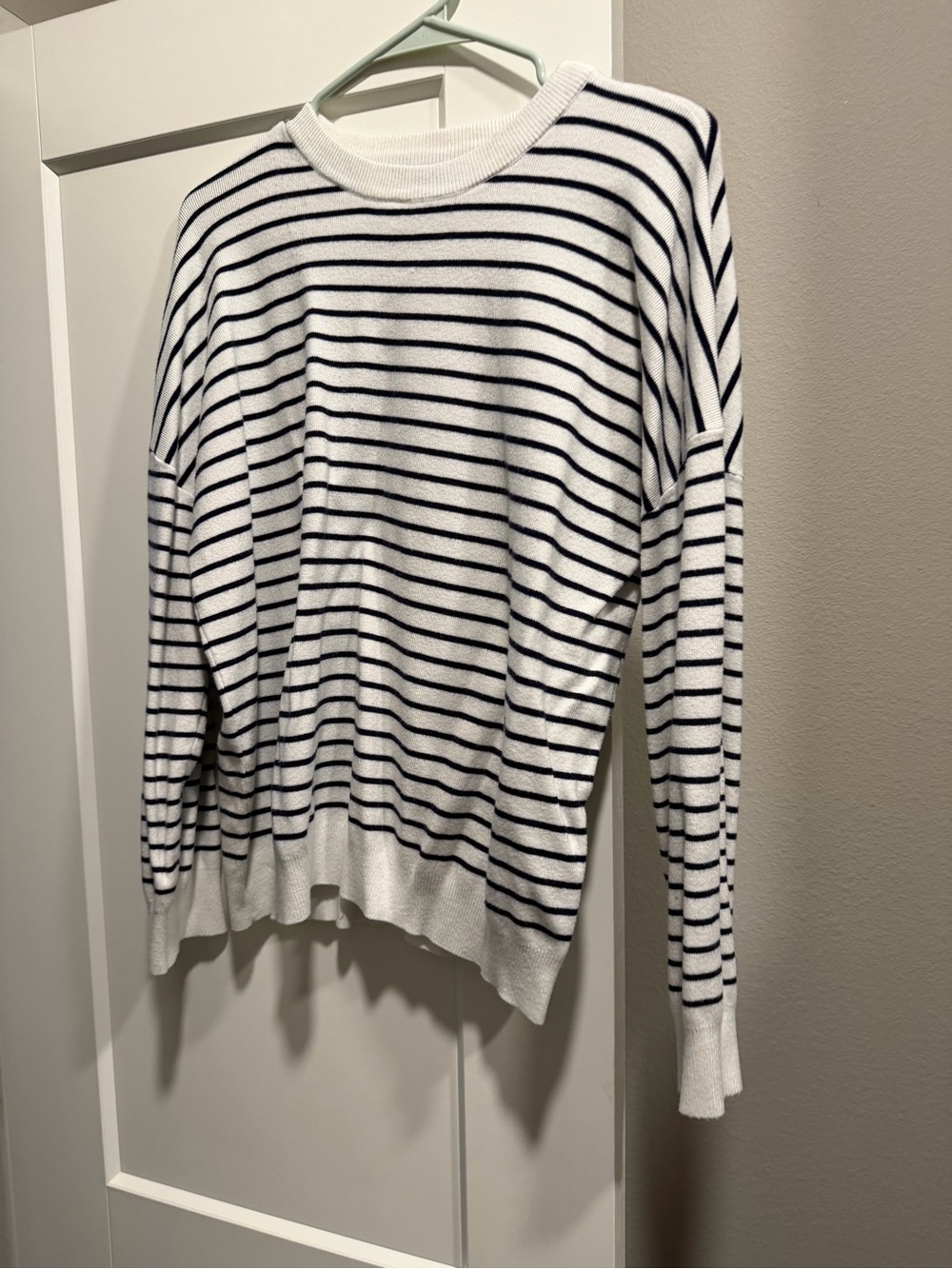 Women’s White Crewneck Sweater with Navy Stripes